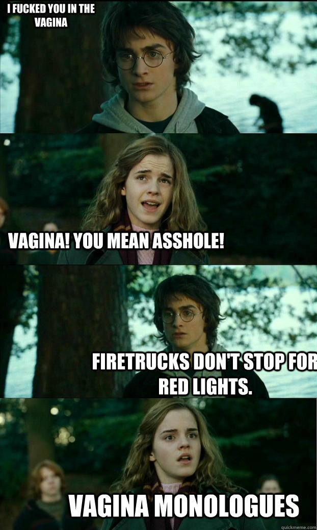 VAGINA MONOLOGUES VAGINA! YOU MEAN ASSHOLE! Firetrucks don't stop for red lights.  I fucked you in the Vagina  Horny Harry