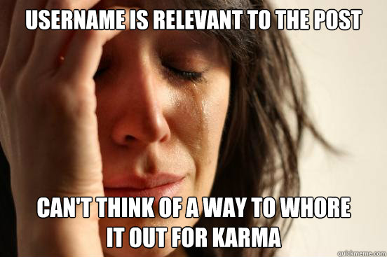 username is relevant to the post Can't think of a way to whore
it out for karma - username is relevant to the post Can't think of a way to whore
it out for karma  First World Problems