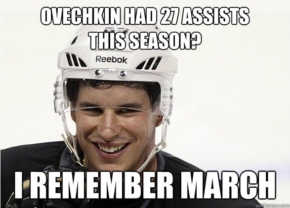 Ovechkin had 27 assists
this season? I remember March - Ovechkin had 27 assists
this season? I remember March  Laughing Crosby