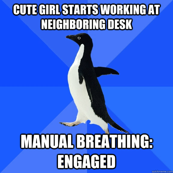 Cute girl starts working at neighboring desk   Manual breathing: engaged  Socially Awkward Penguin