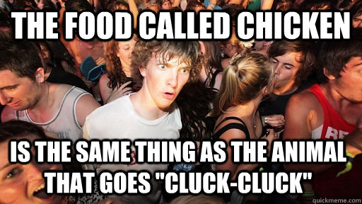 The food called chicken Is the same thing as the animal that goes 