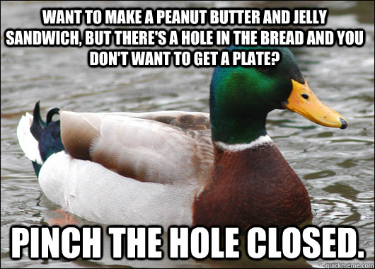 Want to make a peanut butter and jelly sandwich, but there's a hole in the bread and you don't want to get a plate? Pinch the hole closed.  Actual Advice Mallard
