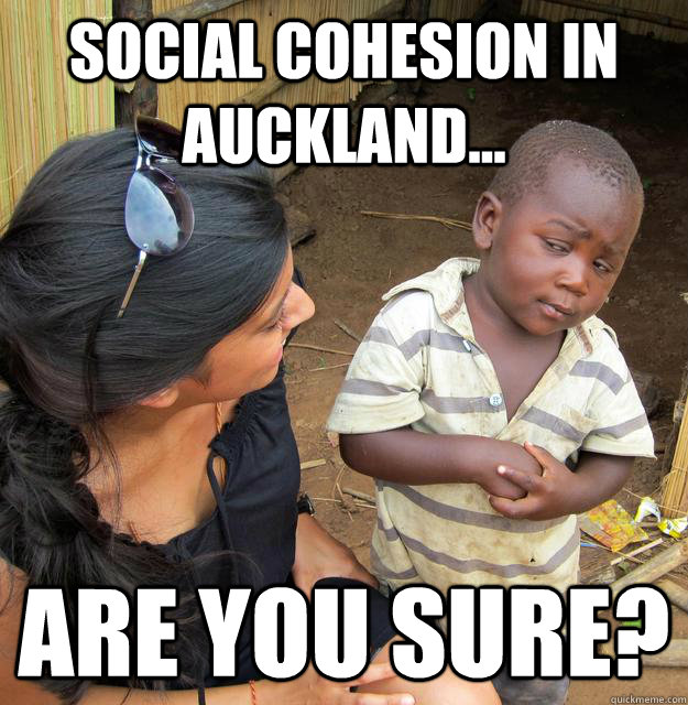 Social cohesion in auckland... Are you sure?  Skeptical Third World Baby