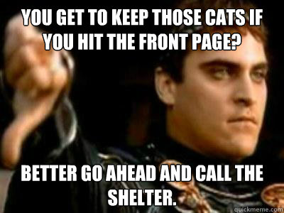 YOU GET TO KEEP THOSE CATS IF YOU HIT THE FRONT PAGE? better go ahead and call the shelter.  Downvoting Roman