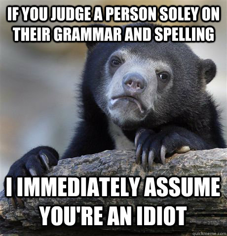 IF YOU JUDGE A PERSON SOLEY ON THEIR GRAMMAR AND SPELLING I IMMEDIATELY ASSUME YOU'RE AN IDIOT - IF YOU JUDGE A PERSON SOLEY ON THEIR GRAMMAR AND SPELLING I IMMEDIATELY ASSUME YOU'RE AN IDIOT  Confession Bear