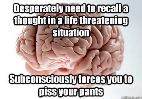 Desperately need to recall a thought in a life threatening situation Subconsciously forces you to piss your pants  Scumbag Brain