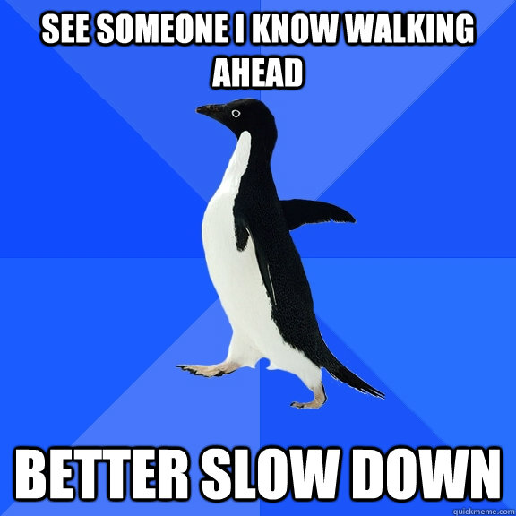 See someone i know walking ahead Better slow down  Socially Awkward Penguin