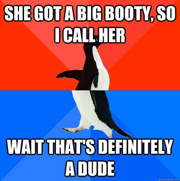 She got a big booty, so i call her wait that's definitely a dude  Socially Awesome Awkward Penguin