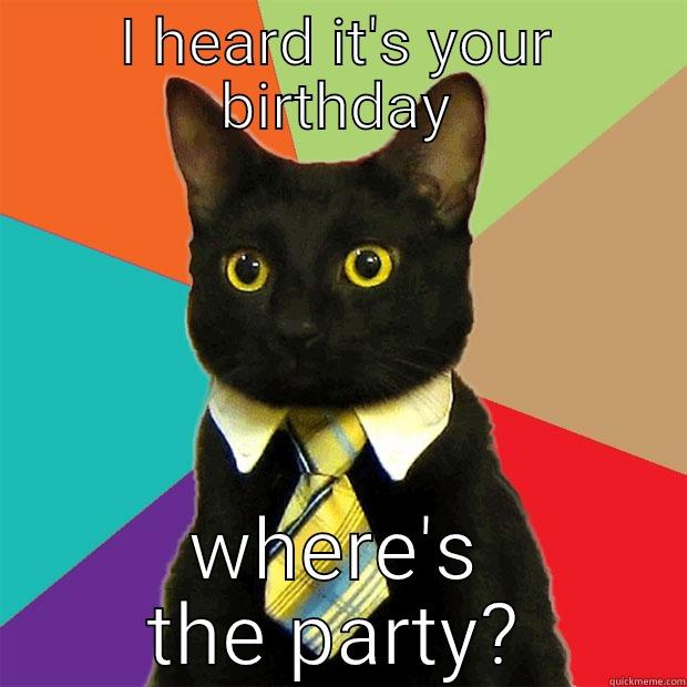 Barb's birthday - I HEARD IT'S YOUR BIRTHDAY WHERE'S THE PARTY? Business Cat