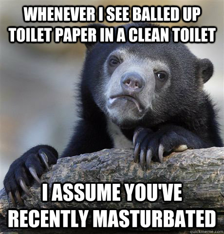 Whenever I see balled up toilet paper in a clean toilet I assume you've recently masturbated  - Whenever I see balled up toilet paper in a clean toilet I assume you've recently masturbated   Confession Bear