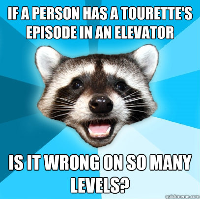 IF A PERSON HAS A TOURETTE'S EPISODE IN AN ELEVATOR IS IT WRONG ON SO MANY LEVELS?  Lame Pun Coon