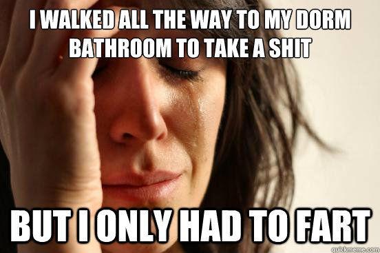 I walked all the way to my dorm bathroom to take a shit but i only had to fart   FirstWorldProblems