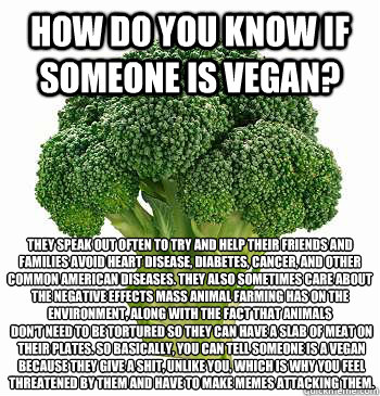 HOW DO YOU KNOW IF SOMEONE IS VEGAN? THEY SPEAK OUT OFTEN TO TRY AND HELP THEIR FRIENDS AND FAMILIES AVOID HEART DISEASE, DIABETES, CANCER, AND OTHER COMMON AMERICAN DISEASES. THEY ALSO SOMETIMES CARE ABOUT THE NEGATIVE EFFECTS MASS ANIMAL FARMING HAS ON  - HOW DO YOU KNOW IF SOMEONE IS VEGAN? THEY SPEAK OUT OFTEN TO TRY AND HELP THEIR FRIENDS AND FAMILIES AVOID HEART DISEASE, DIABETES, CANCER, AND OTHER COMMON AMERICAN DISEASES. THEY ALSO SOMETIMES CARE ABOUT THE NEGATIVE EFFECTS MASS ANIMAL FARMING HAS ON   Vegan