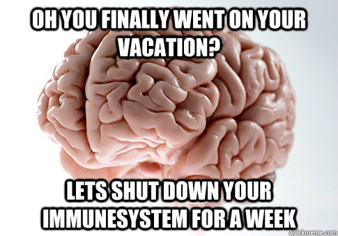 Oh you finally went on your vacation? Lets shut down your immunesystem for a week  Scumbag Brain