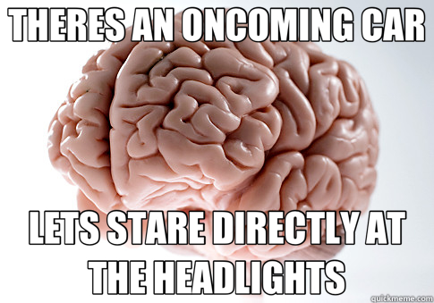THERES AN ONCOMING CAR LETS STARE DIRECTLY AT THE HEADLIGHTS  Scumbag Brain