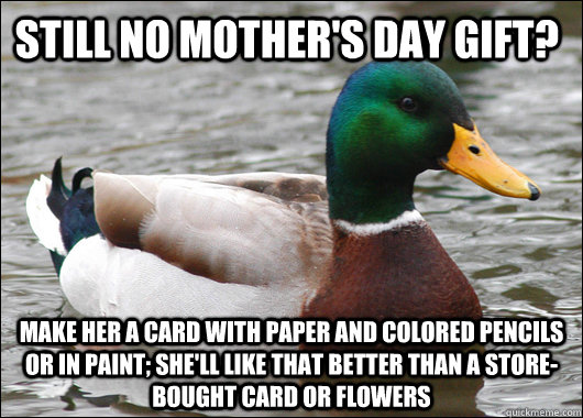 Still no Mother's day gift? Make her a card with paper and colored pencils or in paint; she'll like that better than a store-bought card or flowers  Actual Advice Mallard