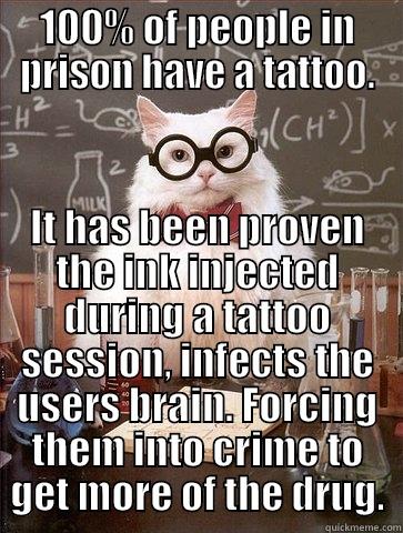 100% OF PEOPLE IN PRISON HAVE A TATTOO. IT HAS BEEN PROVEN THE INK INJECTED DURING A TATTOO SESSION, INFECTS THE USERS BRAIN. FORCING THEM INTO CRIME TO GET MORE OF THE DRUG. Chemistry Cat