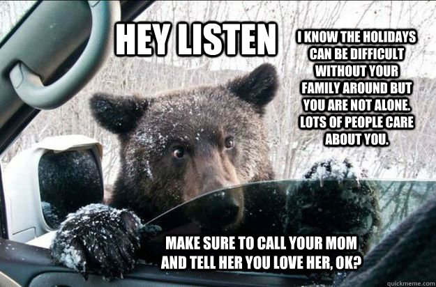 HEY LISTEN I know the holidays can be difficult without your family around but you are not alone. Lots of people care about you.  make sure to call your mom and tell her you love her, ok?   Pep Talk Bear