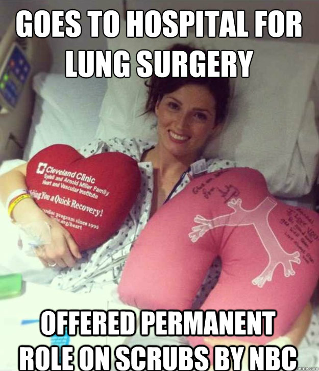 Goes to hospital for lung surgery Offered permanent role on scrubs by NBC  Ridiculously Photogenic Surgery Girl