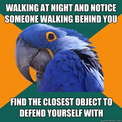 Walking at night and notice someone walking behind you find the closest object to defend yourself with  Paranoid Parrot