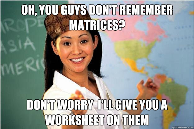 Oh, you guys don't remember matrices? don't worry  i'll give you a worksheet on them   Scumbag Teacher