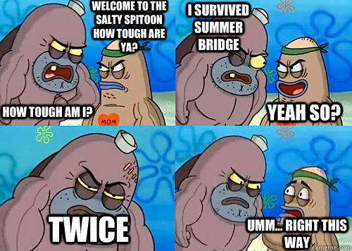 Welcome to the Salty Spitoon how tough are ya? HOW TOUGH AM I? I survived summer bridge Twice Umm... Right this way Yeah so?  Salty Spitoon How Tough Are Ya