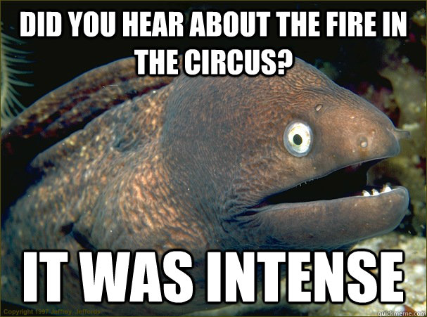 Did you hear about the fire in the circus? It was intense  Bad Joke Eel