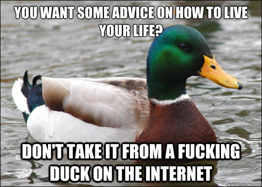 You want some advice on how to live your life? Don't take it from a fucking duck on the internet  Actual Advice Mallard