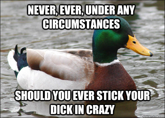 Never, ever, under any circumstances should you ever stick your dick in crazy  Actual Advice Mallard