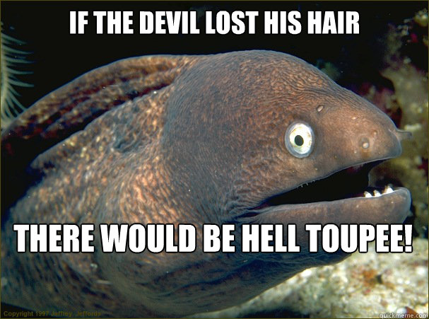 If the Devil lost his hair there would be hell toupee!  Bad Joke Eel