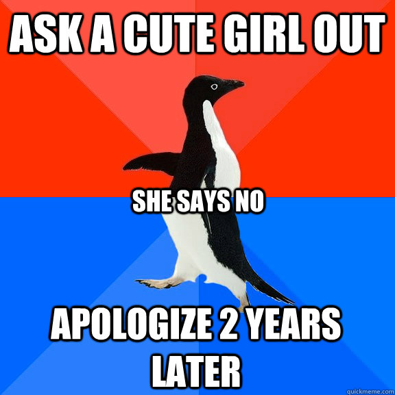 Ask a cute girl out Apologize 2 years later She says no  Socially Awesome Awkward Penguin