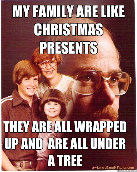 my family are like Christmas presents   they are all wrapped up and  are all under a tree  Vengeance Dad