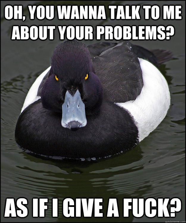 Oh, you wanna talk to me about your problems? As if I give a fuck?  Angry Advice Duck