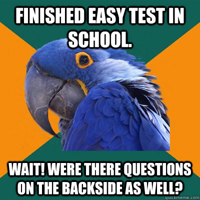 Finished easy test in school. Wait! Were there questions on the backside as well?  Paranoid Parrot