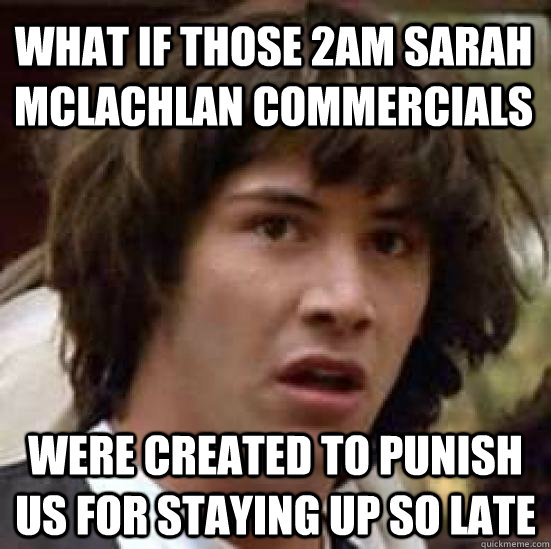 What if those 2am sarah mclachlan commercials were created to punish us for staying up so late  conspiracy keanu