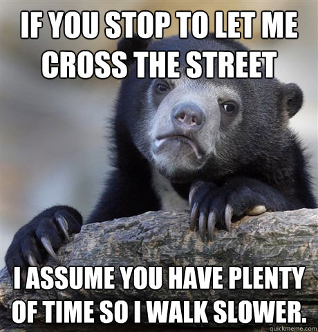 If you stop to let me cross the street I assume you have plenty of time so I walk slower. - If you stop to let me cross the street I assume you have plenty of time so I walk slower.  Confession Bear