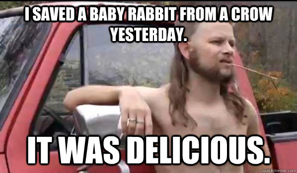 I saved a baby rabbit from a crow yesterday. It was delicious.  Almost Politically Correct Redneck