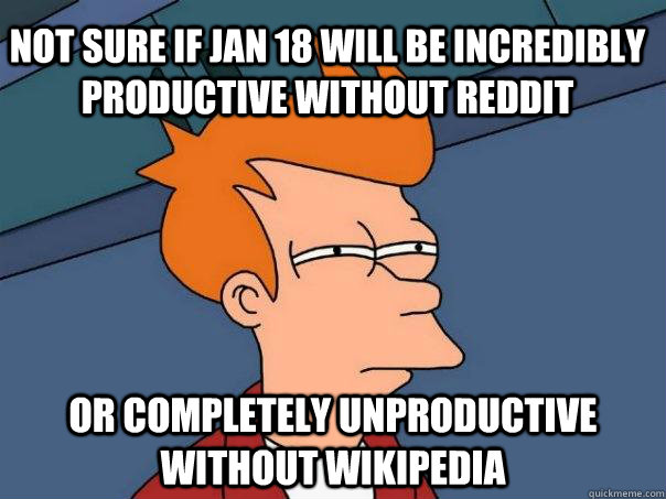 Not sure if Jan 18 will be incredibly productive without Reddit Or completely unproductive without Wikipedia  Futurama Fry
