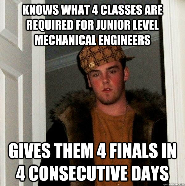 Knows what 4 classes are required for junior level mechanical engineers Gives them 4 finals in 4 consecutive days  Scumbag Steve