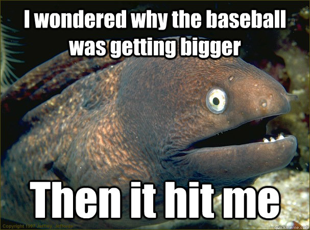 I wondered why the baseball was getting bigger Then it hit me  Bad Joke Eel