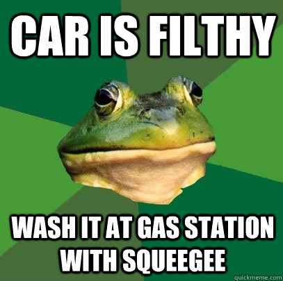 Car is filthy wash it at gas station with squeegee  Foul Bachelor Frog