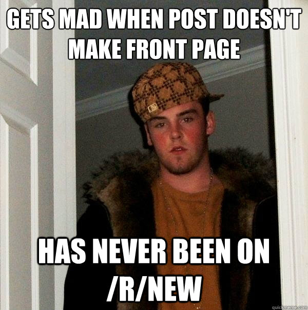 Gets mad when post doesn't make front page Has never been on /r/new  Scumbag Steve
