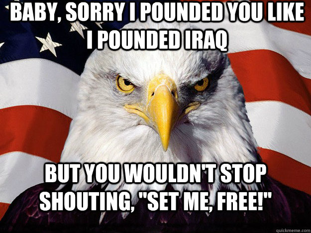baby, sorry I pounded you like I pounded iraq but you wouldn't stop shouting, 