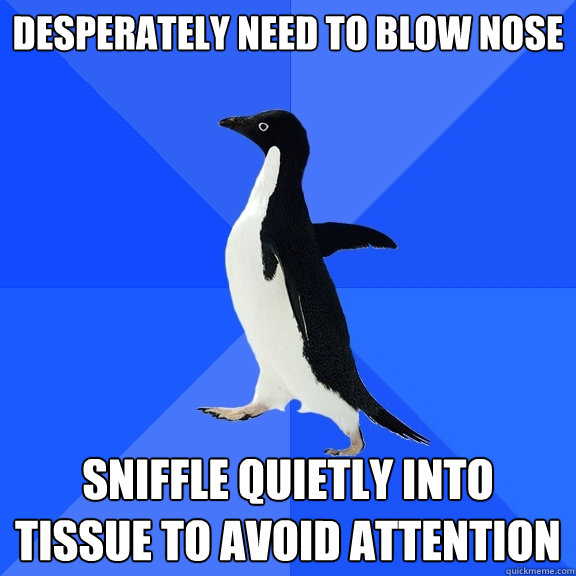 desperately need to blow nose sniffle quietly into tissue to avoid attention   Socially Awkward Penguin