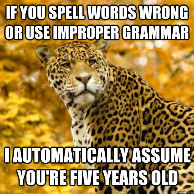 If you spell words wrong or use improper grammar I automatically assume you're five years old - If you spell words wrong or use improper grammar I automatically assume you're five years old  Judgmental Jaguar
