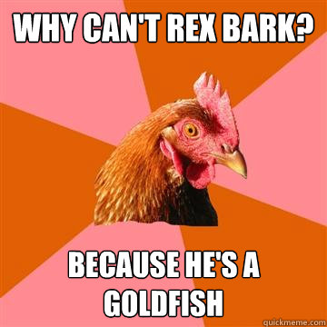 Why can't Rex bark? Because he's a goldfish  Anti-Joke Chicken