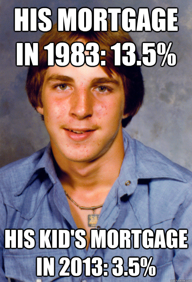 His mortgage in 1983: 13.5% His kid's mortgage in 2013: 3.5%  Old Economy Steven