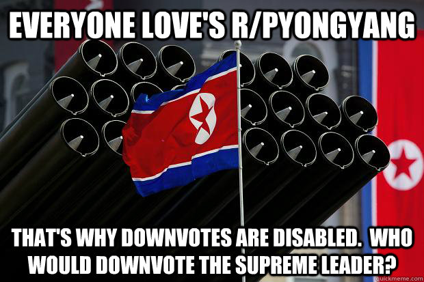 everyone love's r/pyongyang That's why downvotes are disabled.  who would downvote the supreme leader? - everyone love's r/pyongyang That's why downvotes are disabled.  who would downvote the supreme leader?  Scumbag North Korea