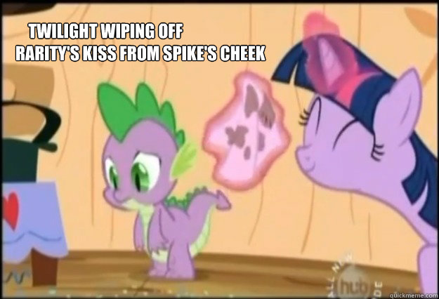    Twilight wiping off 
Rarity's kiss from Spike's cheek -     Twilight wiping off 
Rarity's kiss from Spike's cheek  Misc