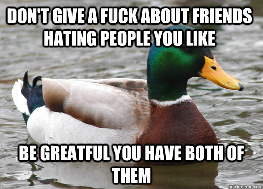 Don't give a fuck about friends hating people you like Be greatful you have both of them  Actual Advice Mallard